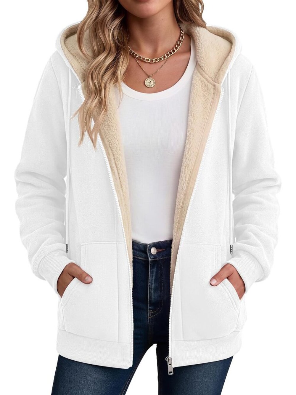 Women's White Fleece Lined Drawstring Hooded Kangaroo Casual Winter Jackets - Picture 1 of 6